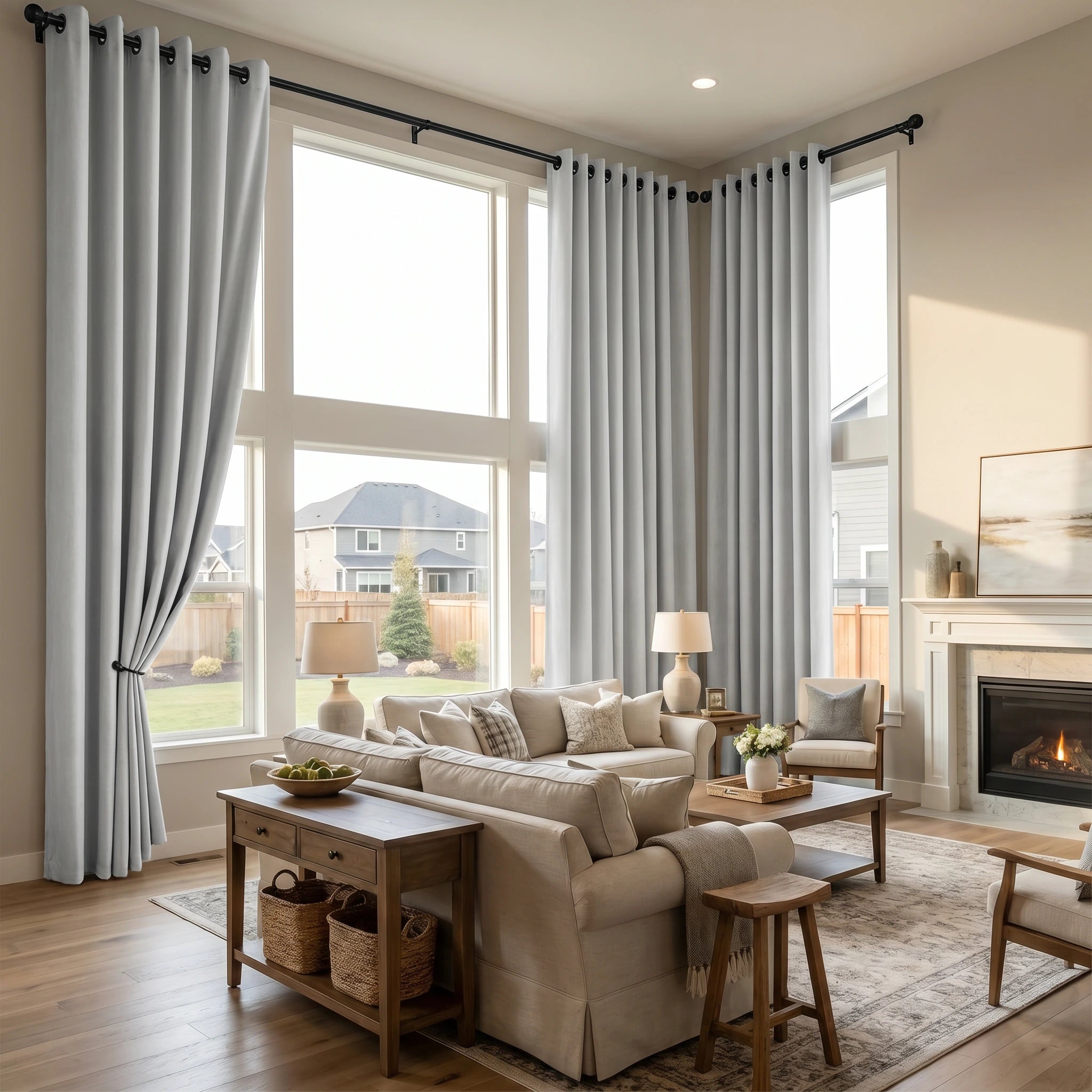 Custom luxury silk-fiber blackout curtains in greyish white by DWCN Official, showcasing their elegant fabric and tailored design.