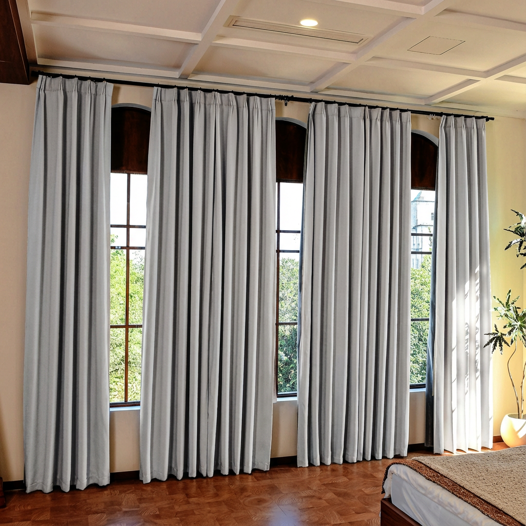 Greyish-white custom luxury silk-fiber blackout curtains by DWCN Official, showcasing soft fabric and elegant design.