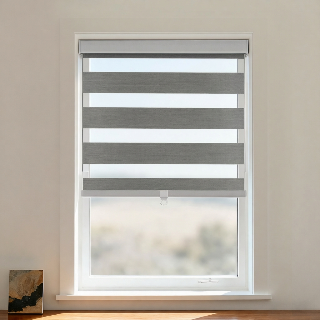Hillary Blackout Zebra Shade Cordless by DWCN Official, showing black and white striped zebra pattern window shade with cordless design.