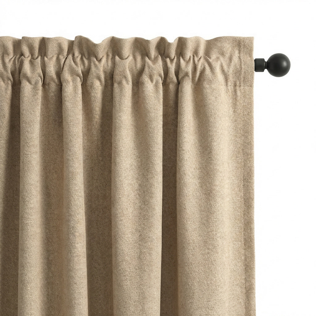 Beige rod pocket curtains with gathered top detail, showing textured fabric, soft folds, and traditional curtain heading style.
