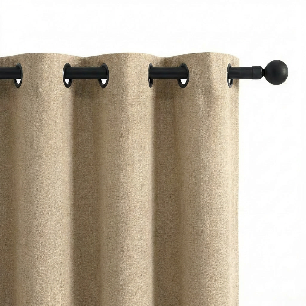 Grommet top curtains in beige textured fabric with black metal rings, designed for easy sliding and modern custom window curtains.