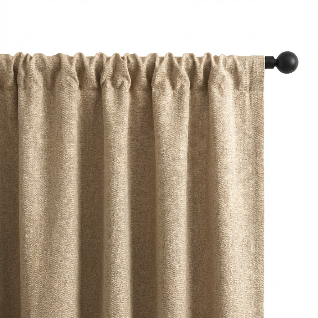 Beige rod pocket curtains with gathered top detail, showing textured fabric, soft folds, and traditional curtain heading style - DWCN Home