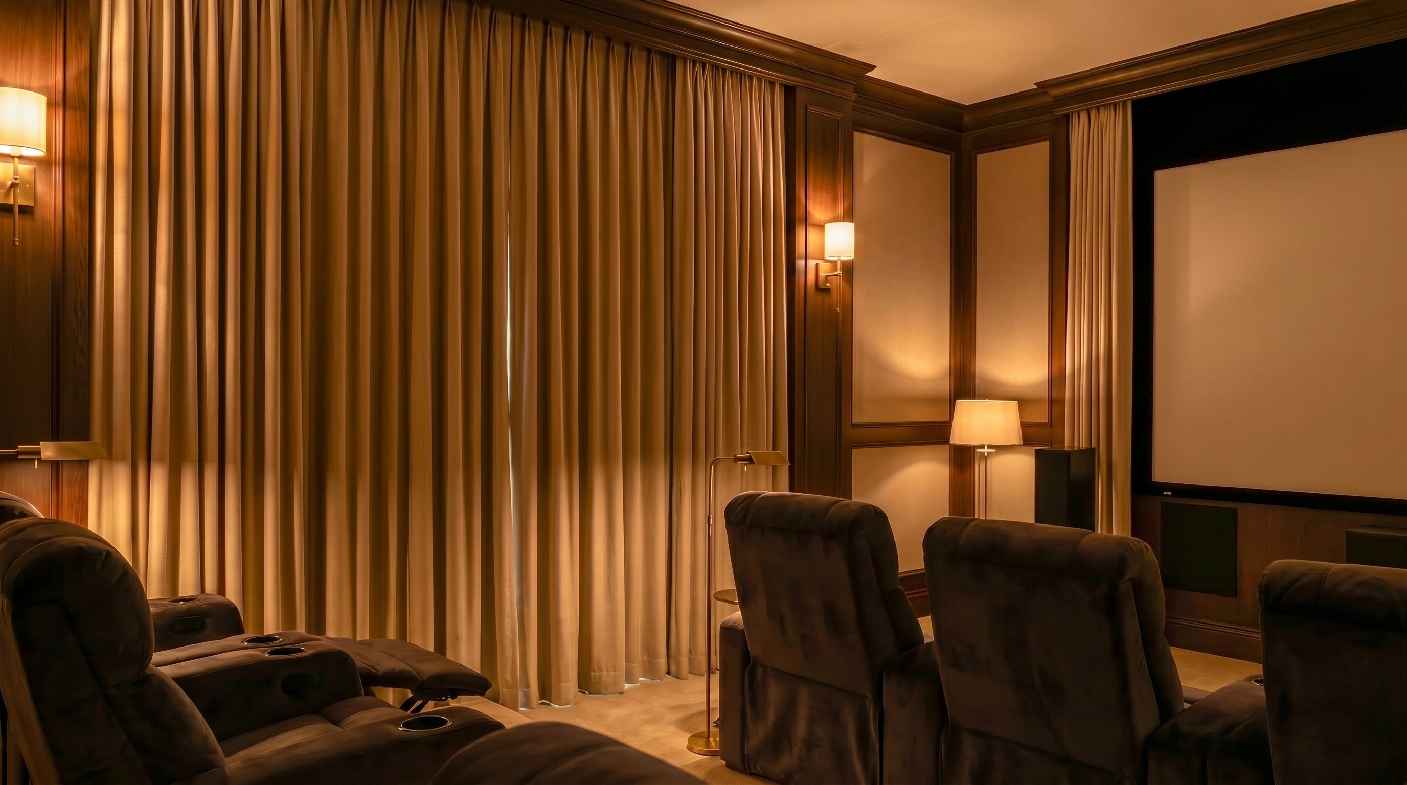 Custom home theater curtains with full blackout coverage, luxury pleated drapes, and warm room darkening style for a private media room.