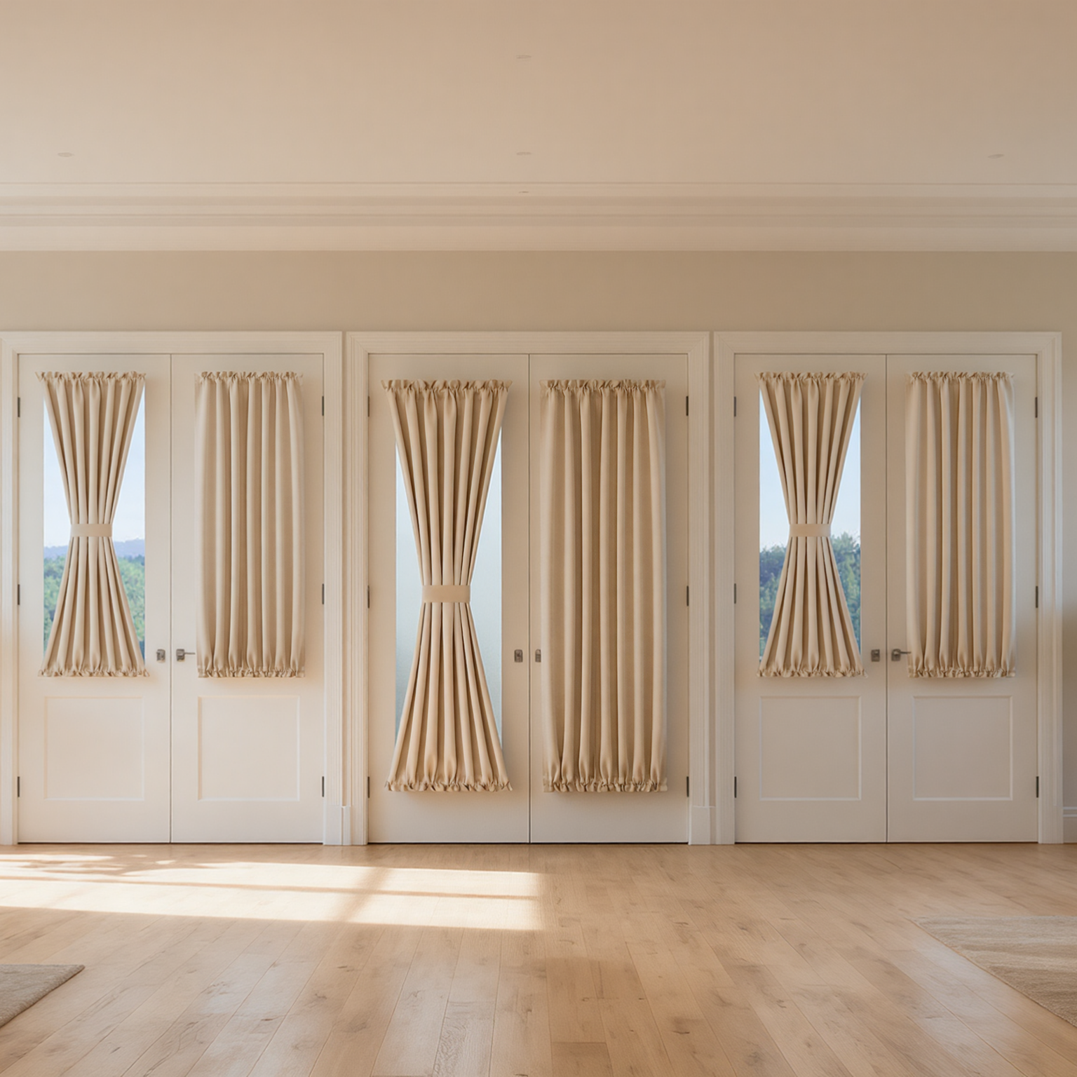 Custom French door blackout curtains providing privacy and light control