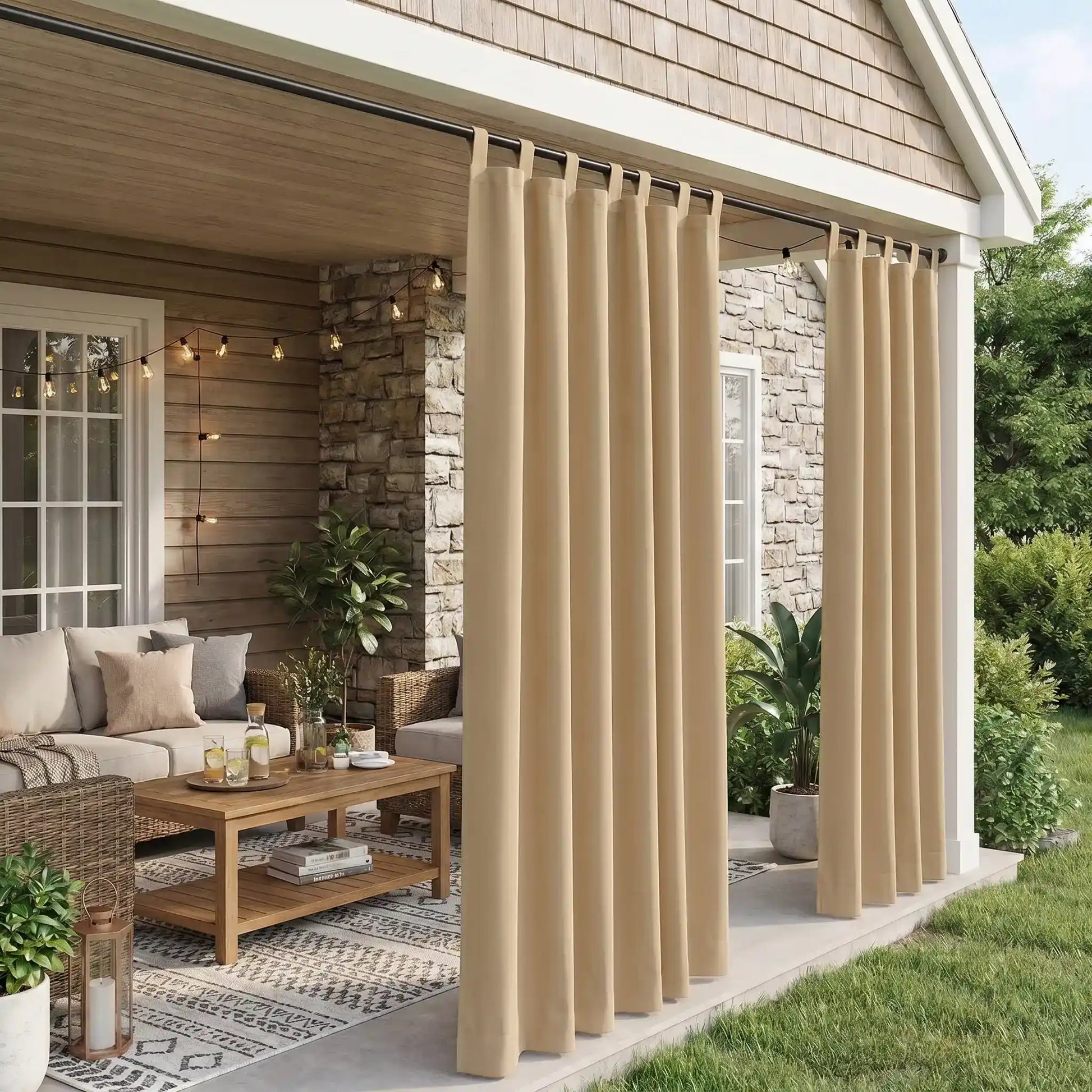 Waterproof outdoor curtain with tab top design by DWCN Official, ideal for patio or outdoor spaces.