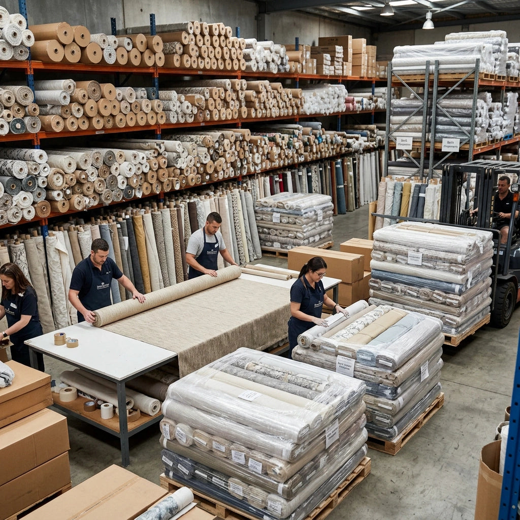 Curtain fabric warehouse with rolled textiles, packed drapery materials, and worktables for custom curtain production and order fulfillment.