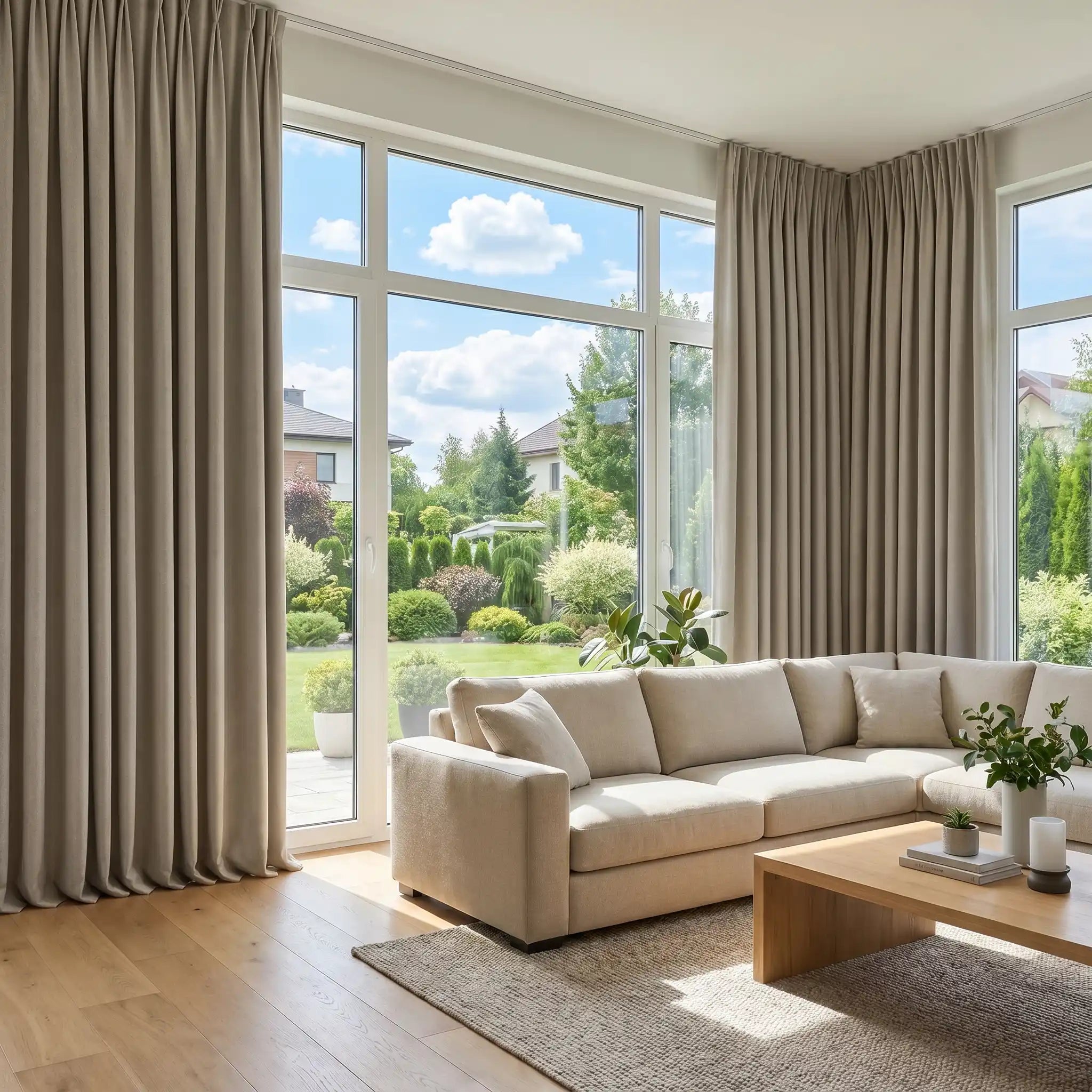 Natural linen blackout curtains with woven texture from DWCN Official, featuring a stylish black fabric for light control and privacy.