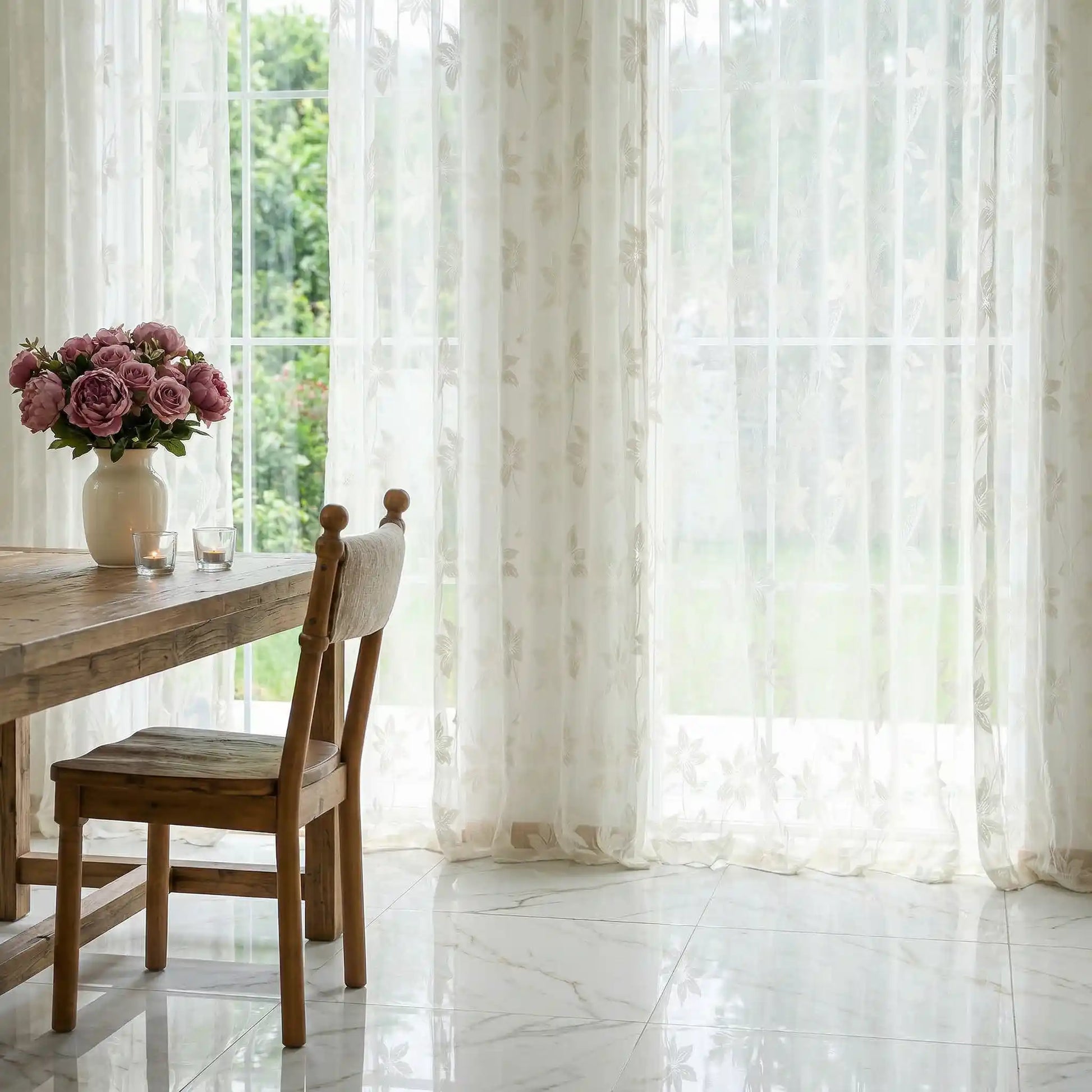 Elegant semi-sheer lace voile curtains from DWCN Official, showcasing delicate floral patterns and soft fabric for light filtering.