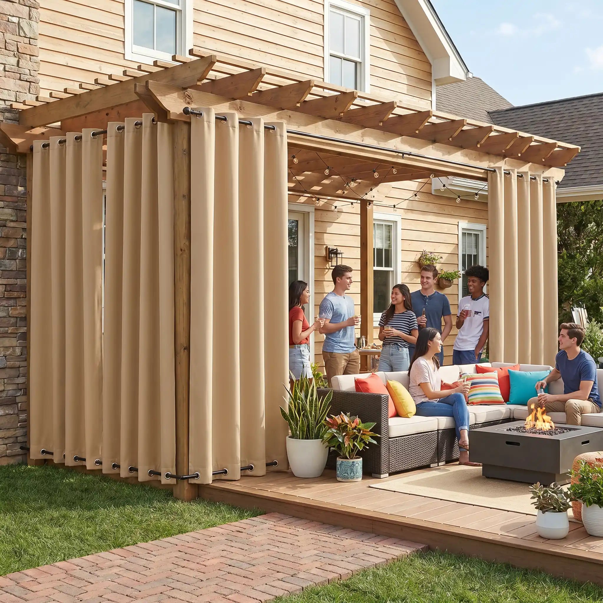 DWCN official outdoor curtains with tab top and grommet bottom, windproof and waterproof fabric for outdoor patio or garden use.