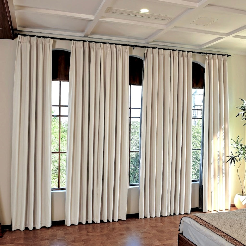 Ivory luxury silk-fiber blackout curtains by DWCN Official, showcasing elegant fabric and full-length window coverage.