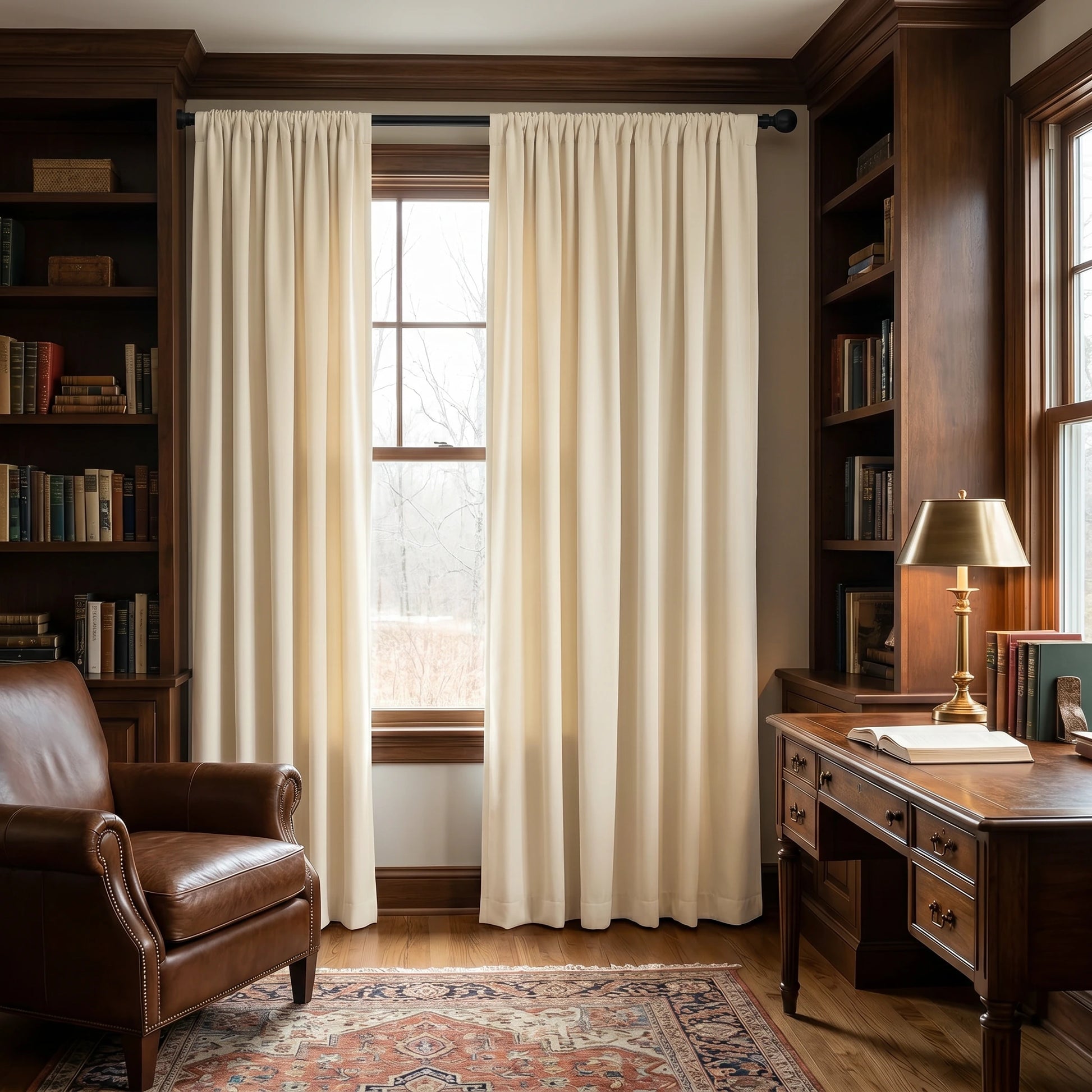 Custom luxury silk-fiber blackout curtains in ivory, designed for elegant window coverage by DWCN Official.
