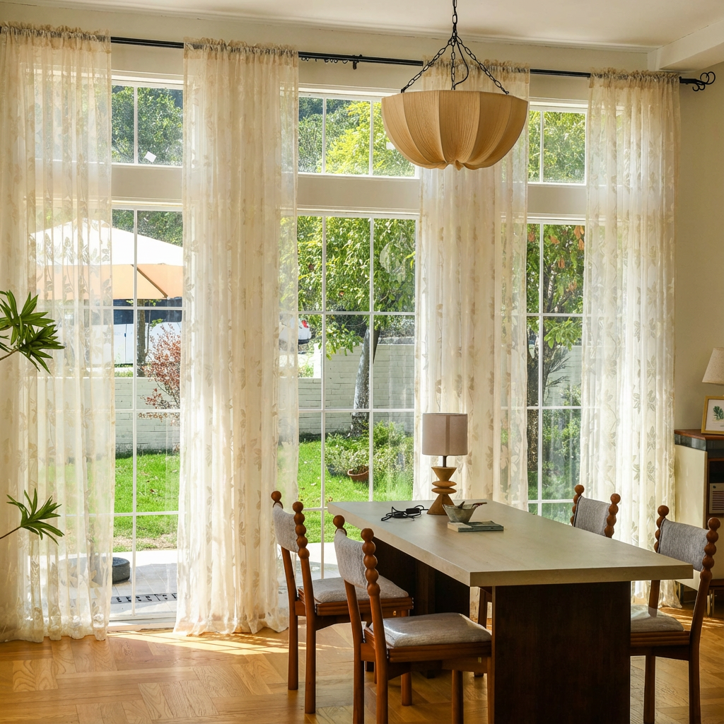 Beige semi-sheer lace voile curtains from DWCN Official with intricate lace patterns and lightweight, elegant fabric.