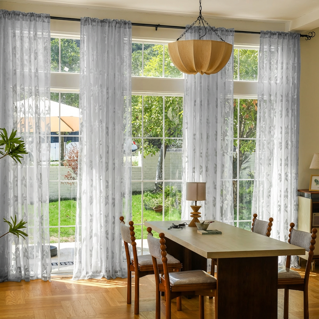Gray semi-sheer lace voile curtains from DWCN Official with intricate lace detailing and lightweight, elegant fabric for window decor.