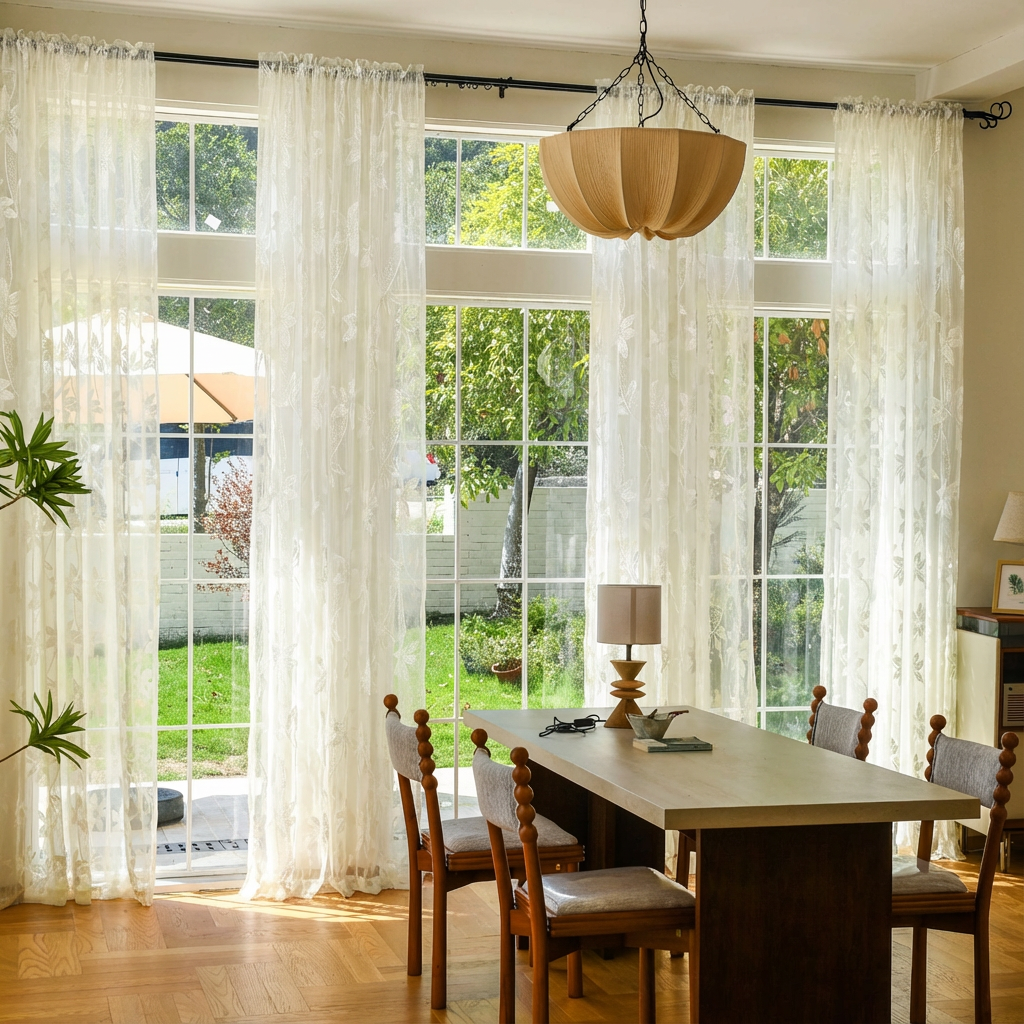 Ivory semi-sheer lace voile curtains by DWCN Official, featuring delicate lace fabric with elegant semi-transparent design.