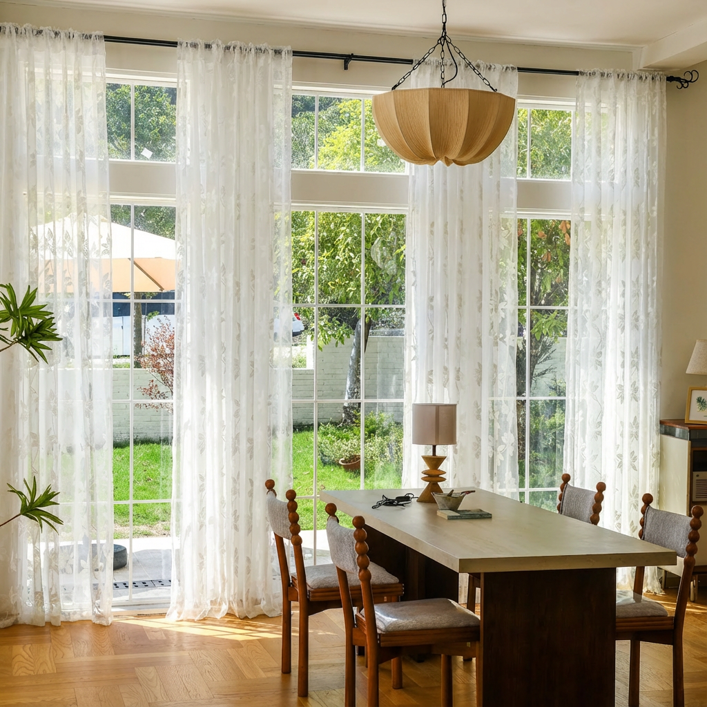 White semi-sheer lace voile curtains by DWCN Official, showing delicate lace fabric and elegant semi-transparent design.