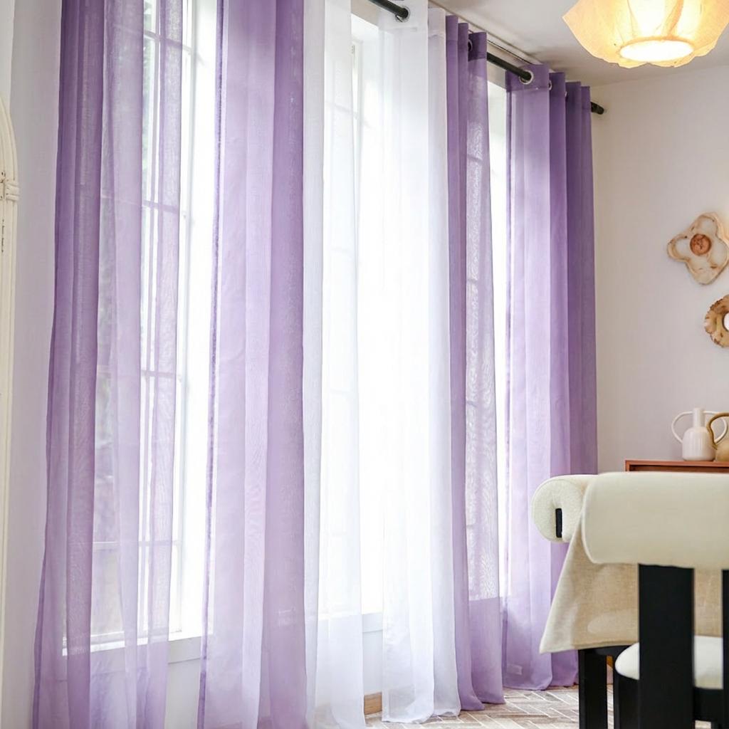 Lavender linen texture ombre sheer curtains by DWCN Official, showcasing light, airy fabric with a soft gradient design.