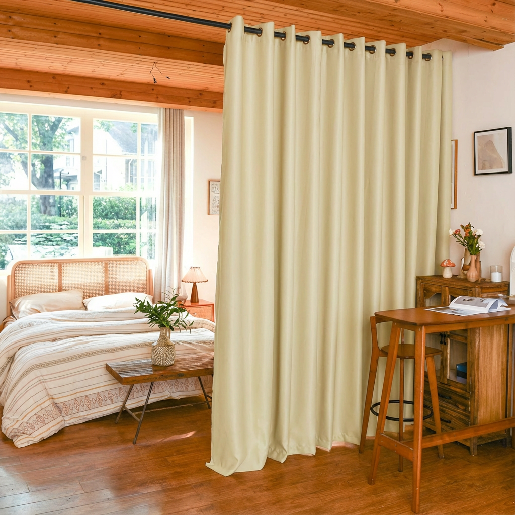 Light beige custom luxury silk fibers blackout room divider curtains by DWCN Official, showcasing elegant, textured fabric.