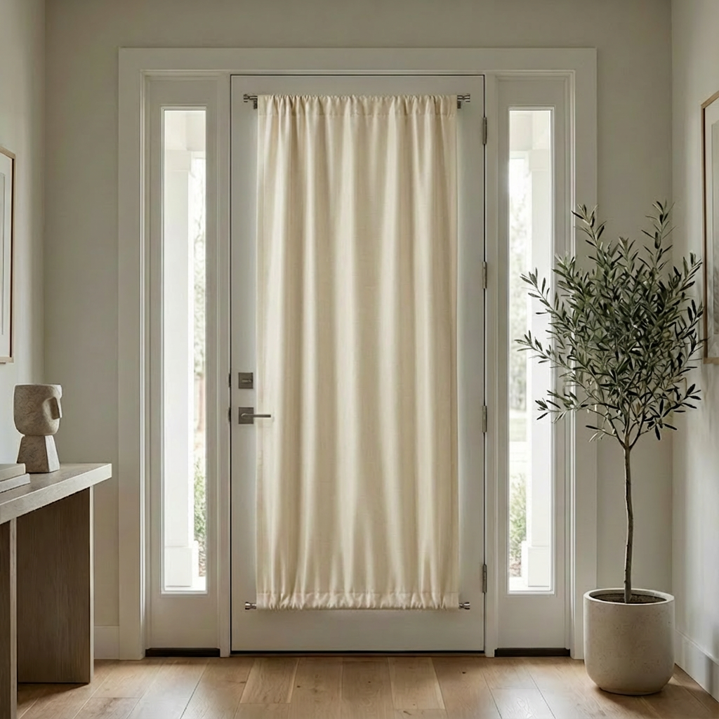 Light beige custom luxury silk-fiber French door blackout curtains by DWCN Official hanging over a doorway.