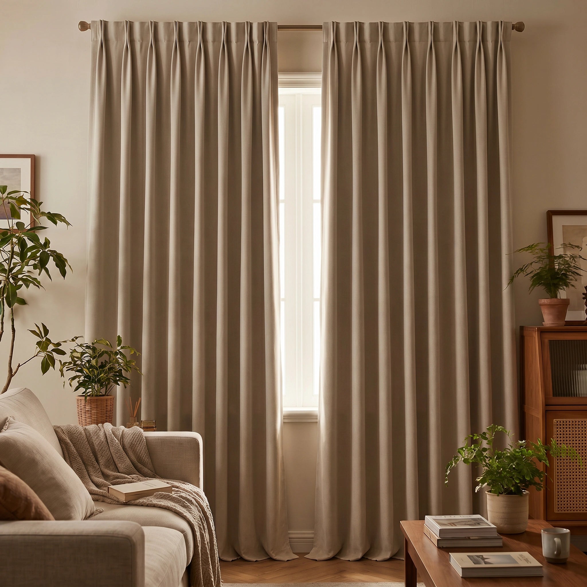 Light beige custom blackout curtains by DWCN Official made of heavyweight modal cotton, designed to block light and enhance privacy.