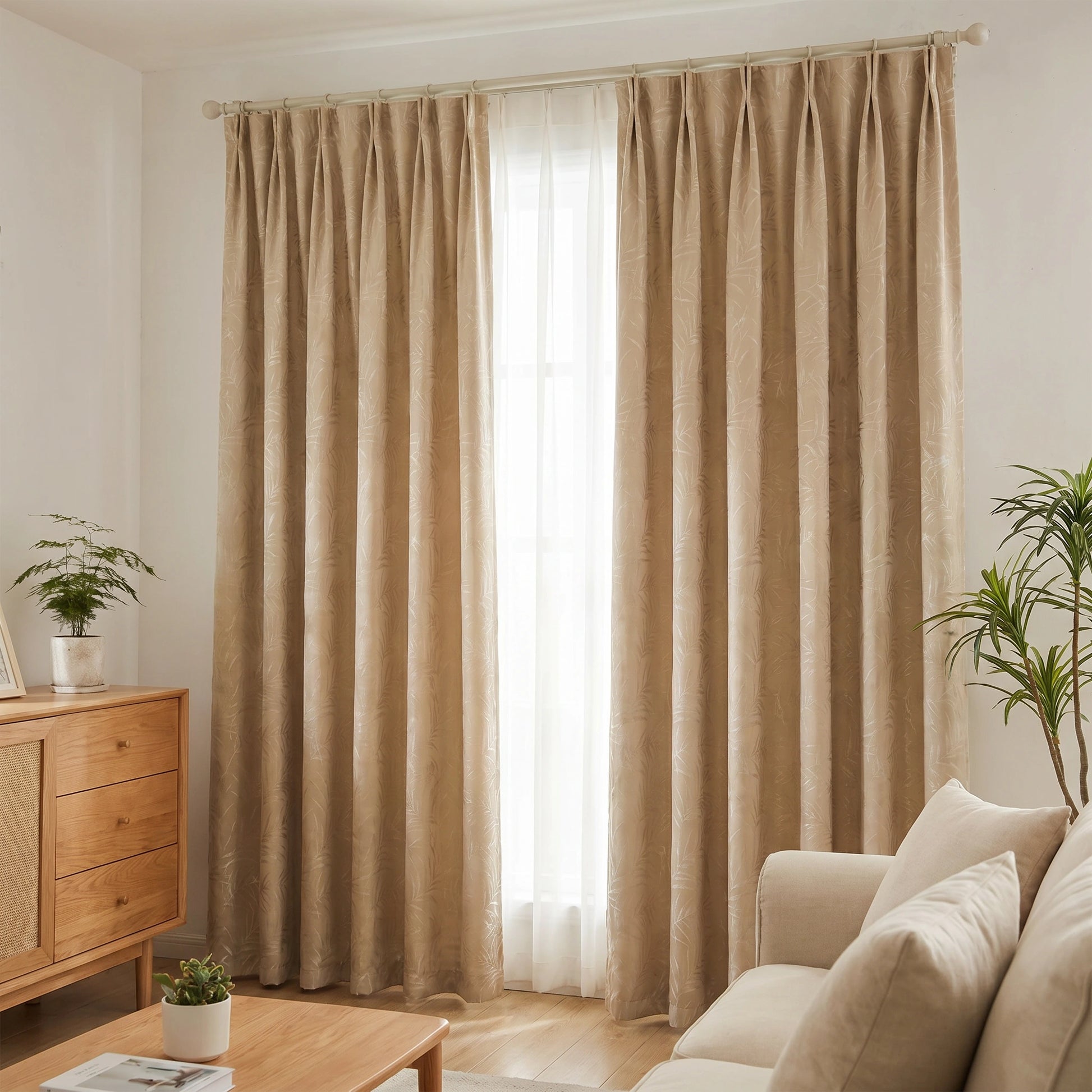 Light beige DWCN Official Elowen embroidered-pattern cotton curtain with intricate embroidery and custom design details.