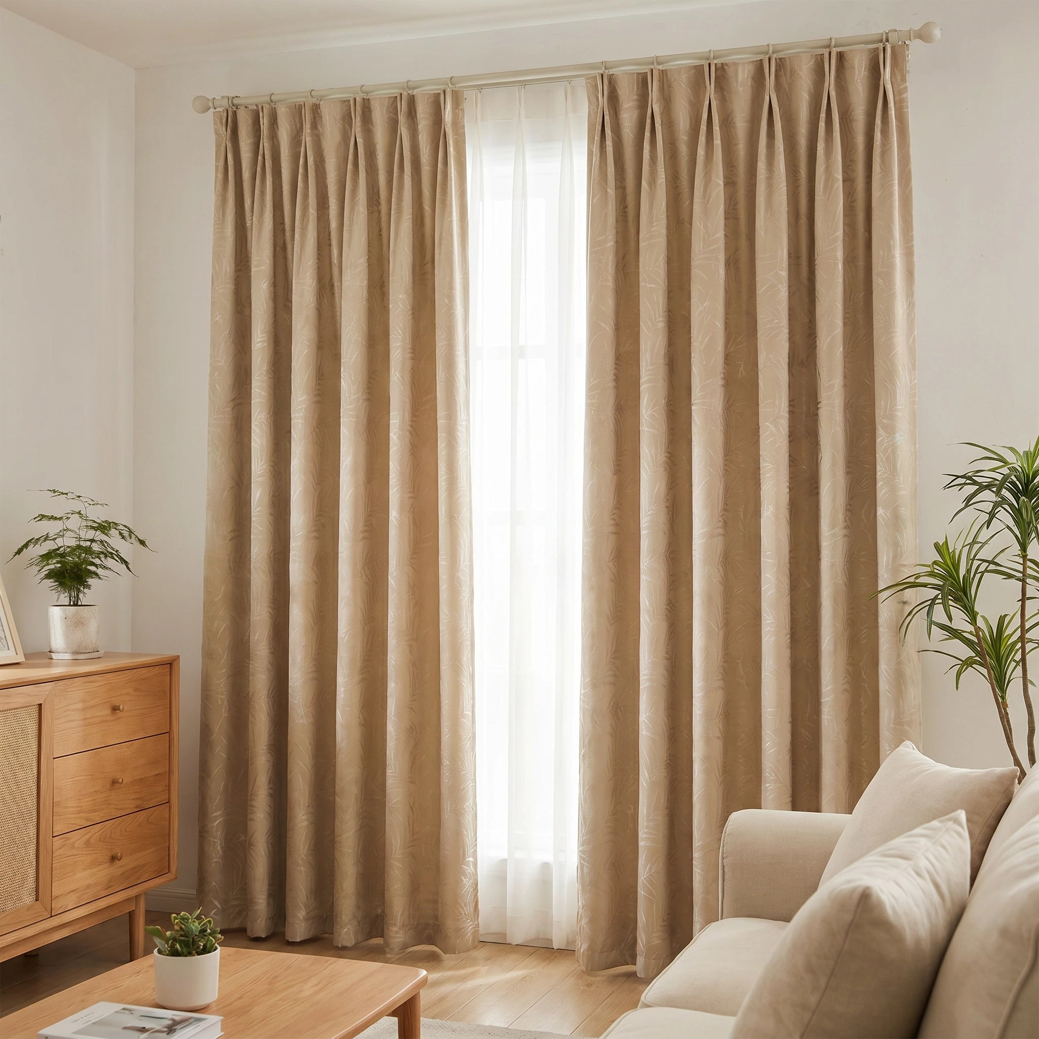 Light beige DWCN Official Elowen embroidered-pattern cotton curtain with intricate embroidery and custom design details.