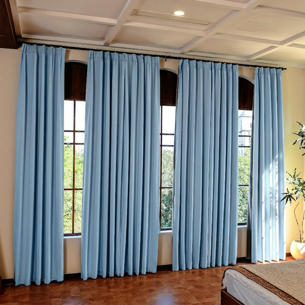 Light blue custom luxury silk-fiber blackout curtains by DWCN Official hanging in a modern living room.