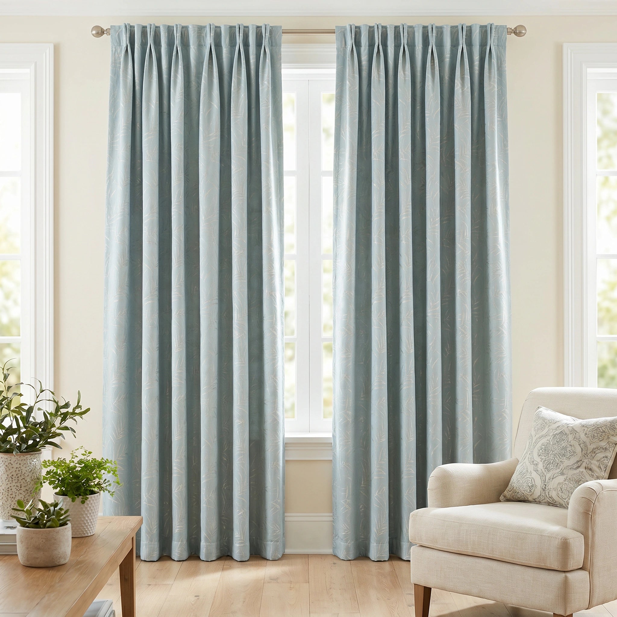 Light blue DWCN Official Elowen embroidered cotton curtain with intricate pattern, custom window treatment for elegant home decor.