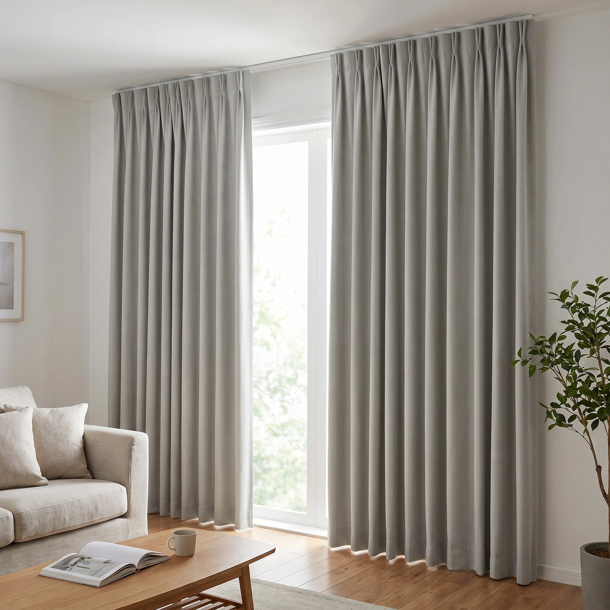 Light grey custom DWCN Official heavyweight cotton blackout curtains displaying their thick, durable fabric and elegant drape.