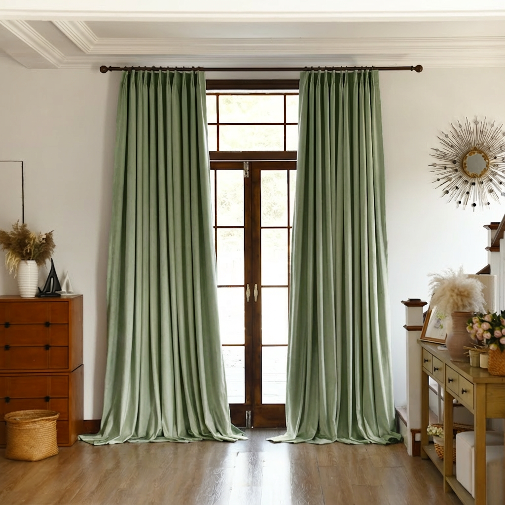 Light sage custom premium velvet blackout curtain from DWCN Official, showcasing soft fabric and elegant design.