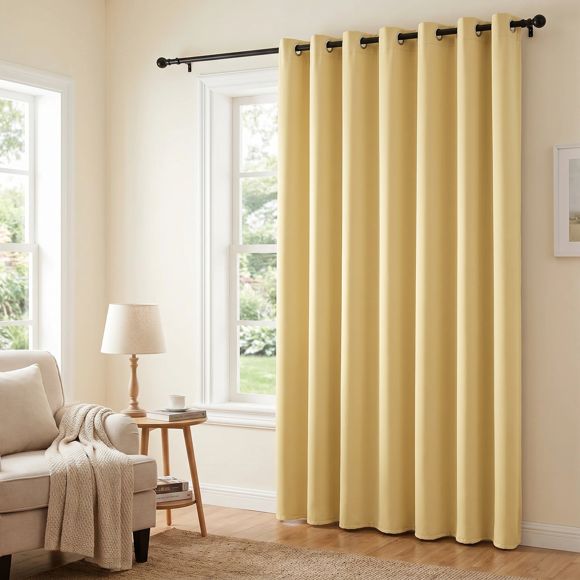Light yellow custom luxury silk-fiber blackout curtains from DWCN Official, showcasing elegant fabric and tailored design.