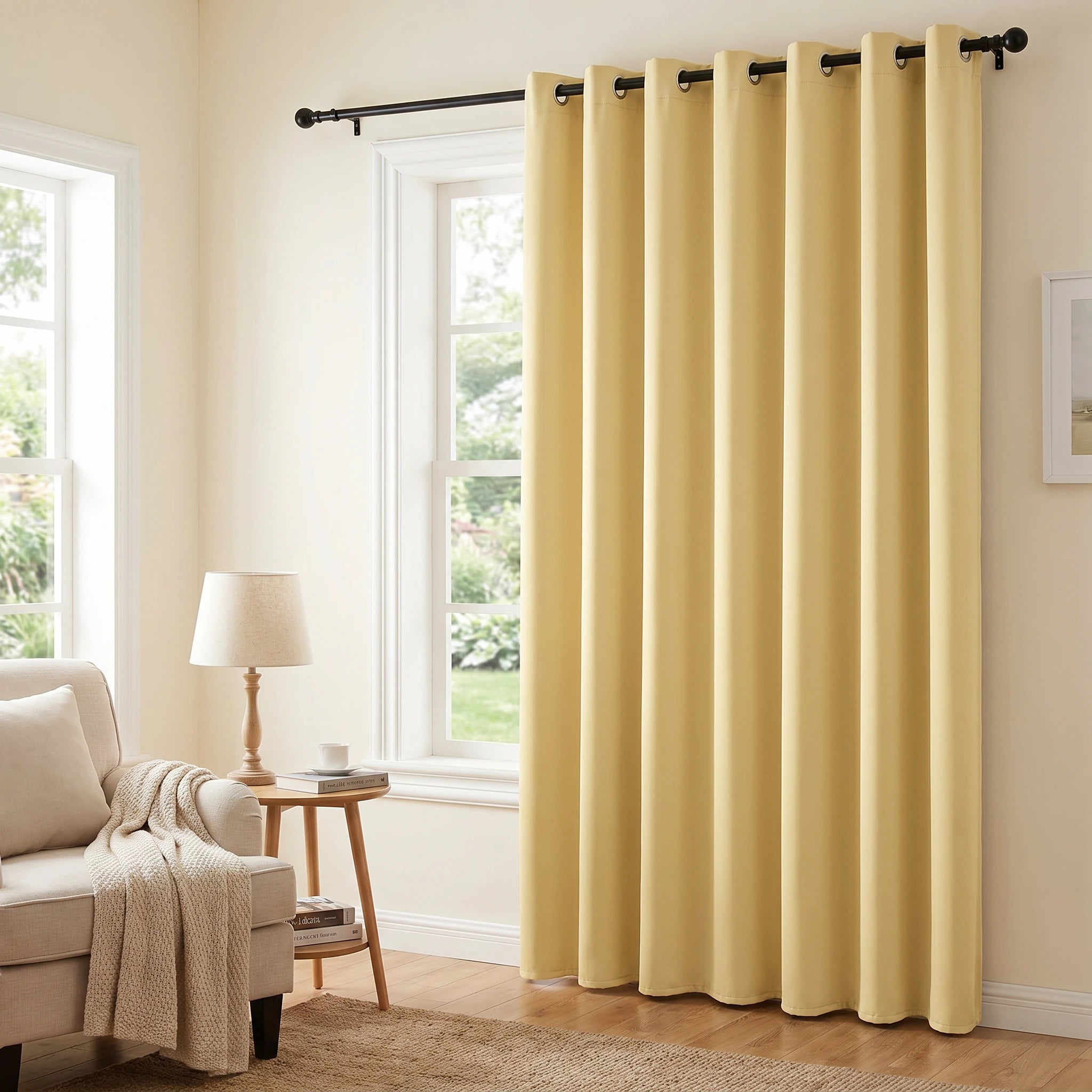 Light yellow custom luxury silk-fiber blackout curtains from DWCN Official, showcasing elegant fabric and tailored design.