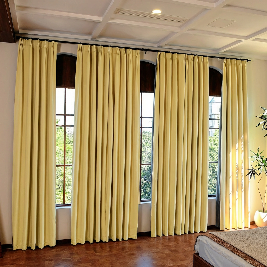 Light yellow custom luxury silk-fiber blackout curtains by DWCN Official hanging in a modern living room.