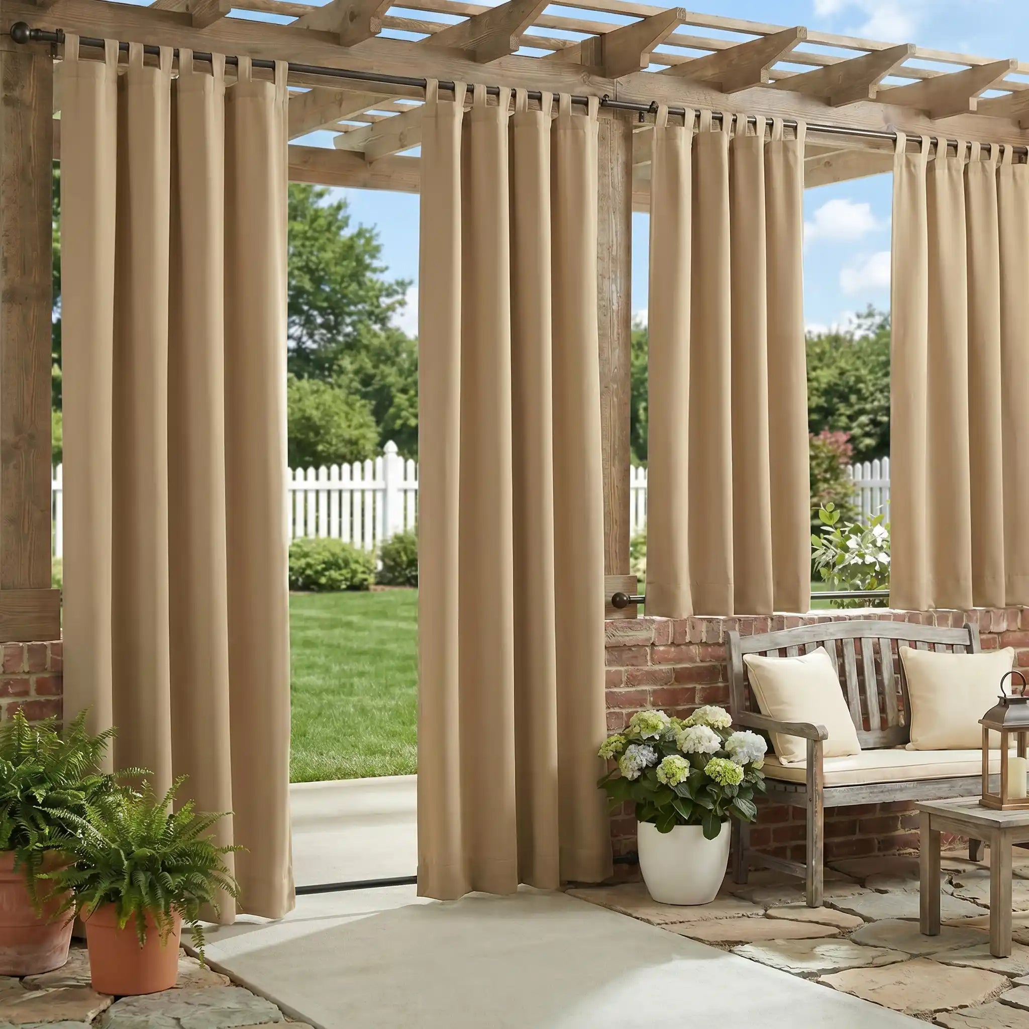 Outdoor curtains with grommet top and bottom, waterproof and windproof, by DWCN Official, shown in a stylish outdoor setting