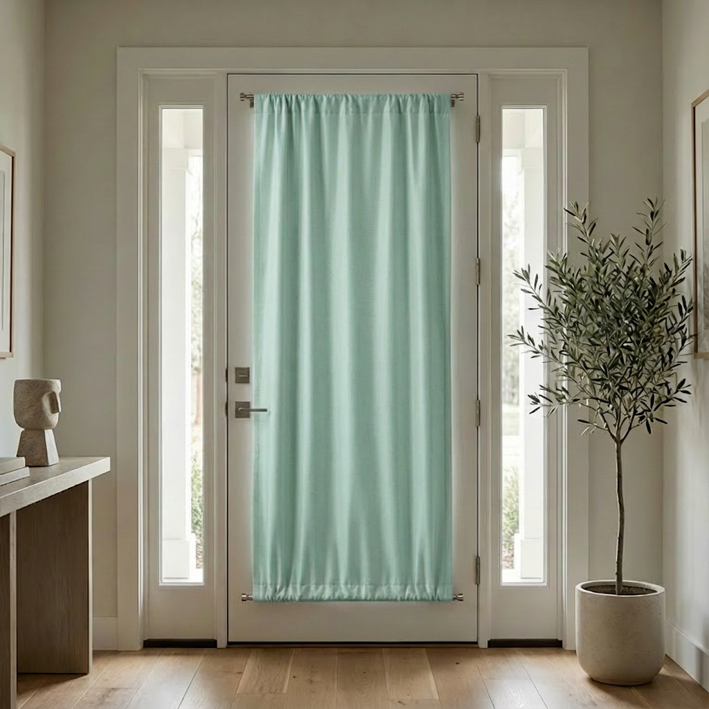 Mint green custom luxury silk-fiber French door blackout curtains by DWCN Official hanging over a doorway.