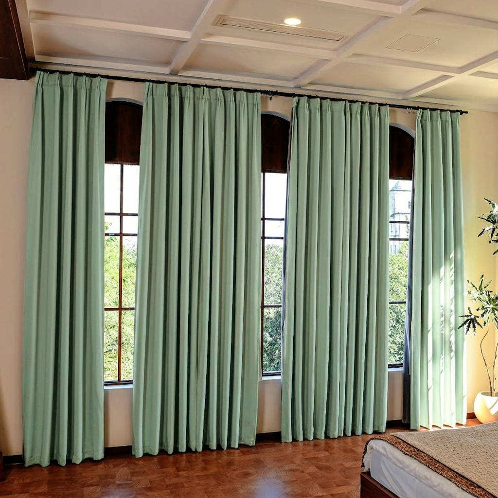 Mint green custom luxury silk-fiber blackout curtains by DWCN Official, showcasing elegant drapes with a smooth textured fabric.
