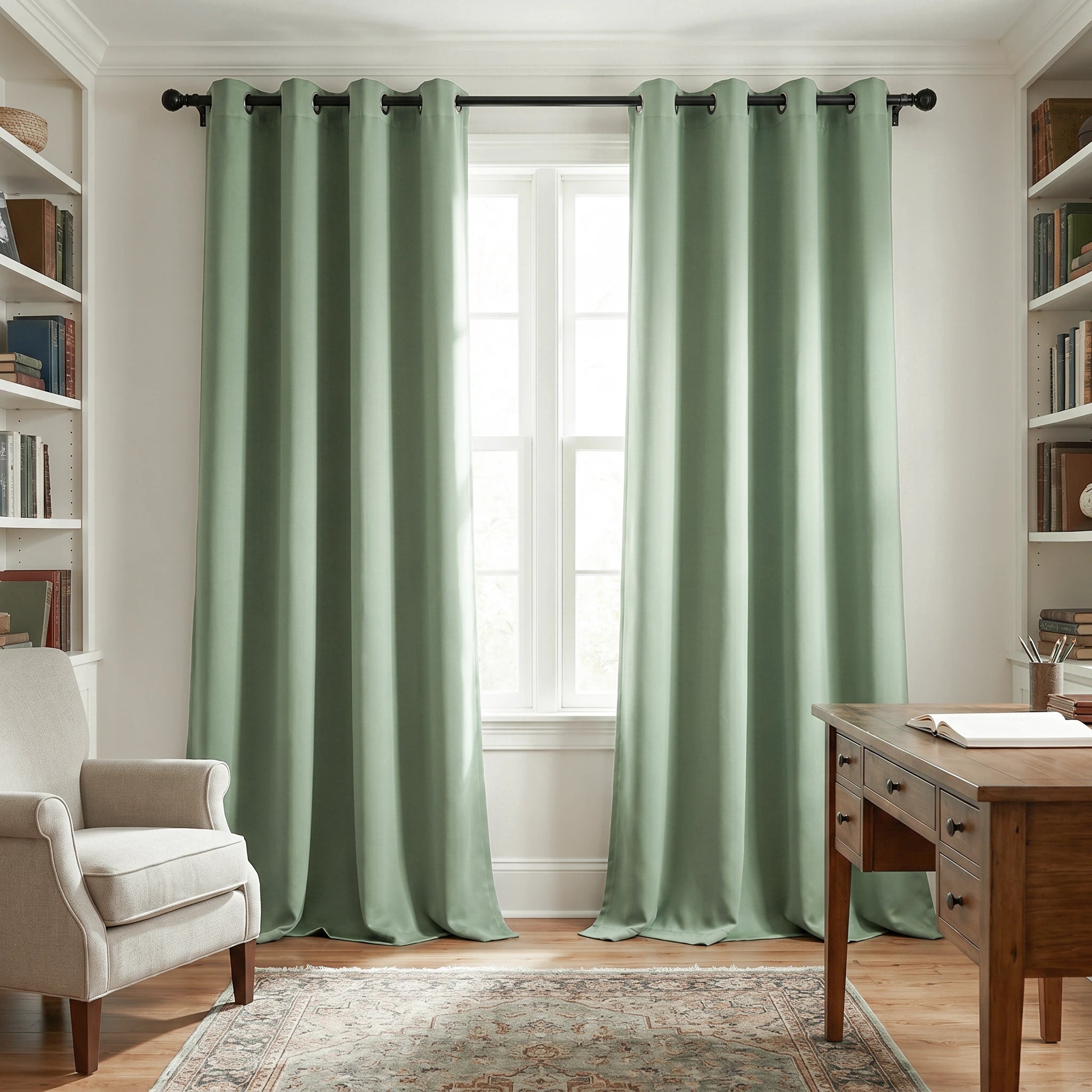 Custom luxury silk-fiber blackout curtains in mint green by DWCN Official, showcasing smooth fabric and elegant drape.