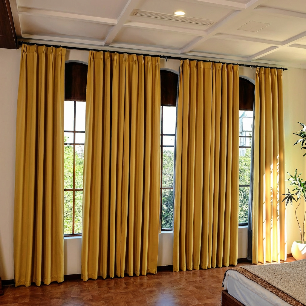 Mustard yellow luxury silk-fiber blackout curtains by DWCN Official, showcasing elegant fabric and modern window treatment design.