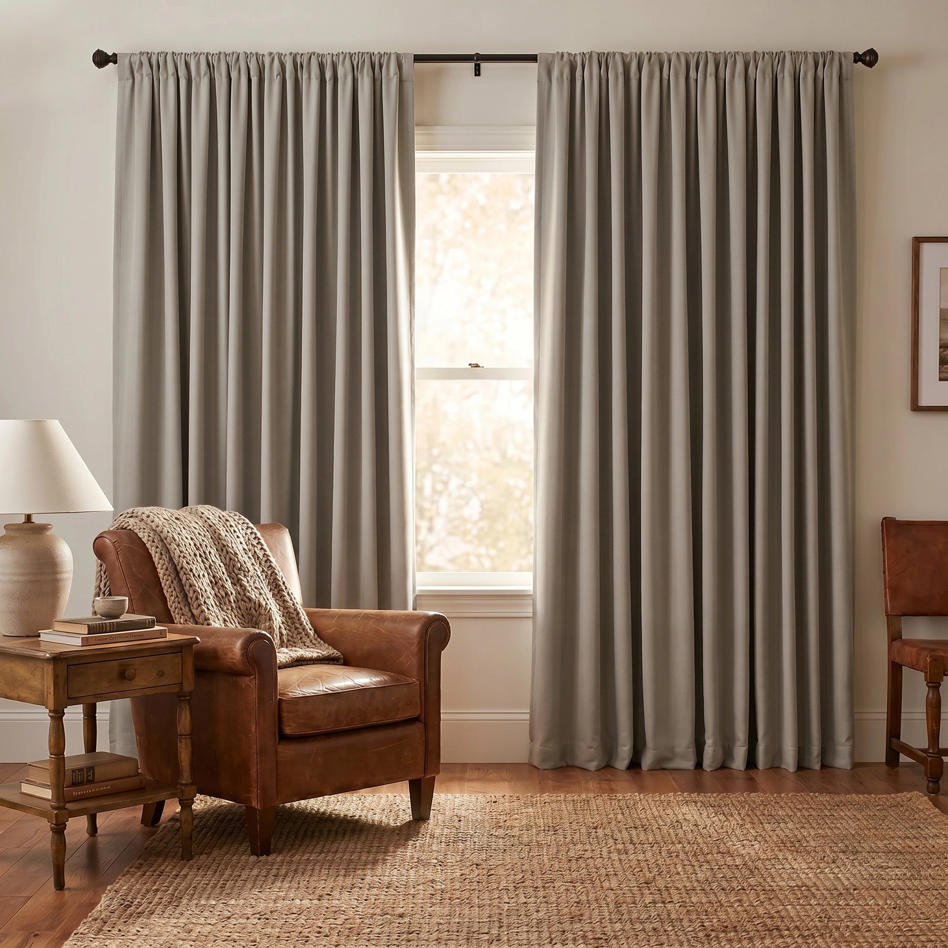 Natural grey custom heavyweight cotton blackout curtains by DWCN Official, shown hanging smoothly with a modern window.