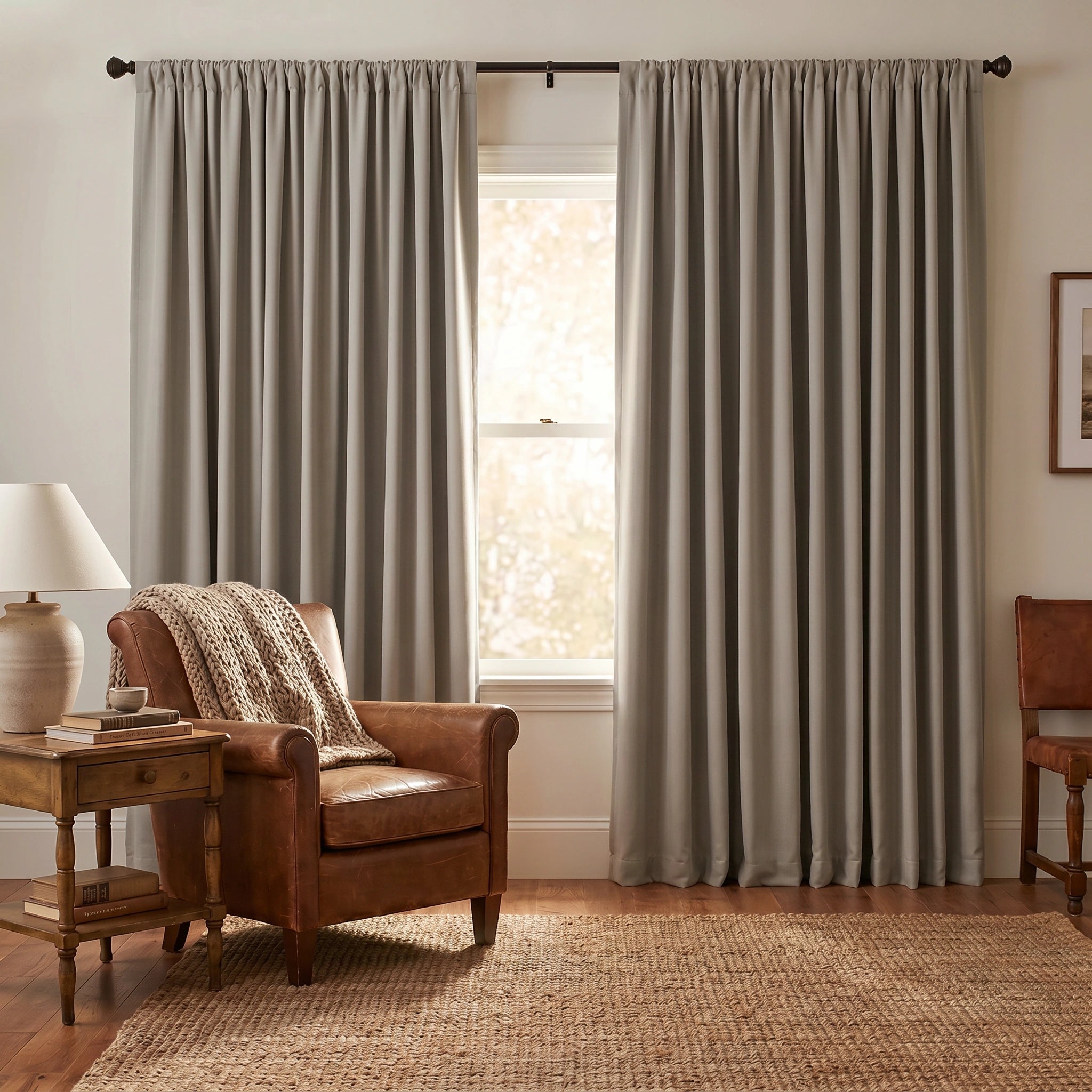 Natural grey custom heavyweight cotton blackout curtains by DWCN Official, shown hanging smoothly with a modern window.