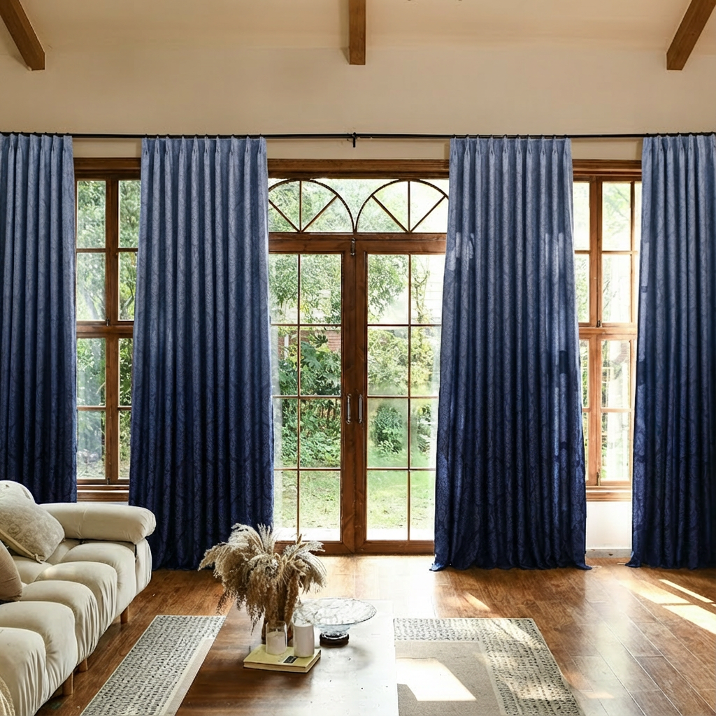 Navy custom luxury silk-fiber ombre blackout curtains by DWCN Official hanging in a modern living room.