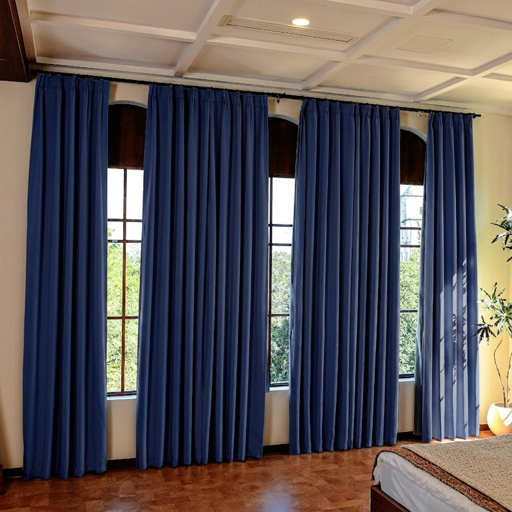 Navy blue luxury silk-fiber blackout curtains by DWCN Official, showcasing smooth fabric and elegant drape for bedroom decor.