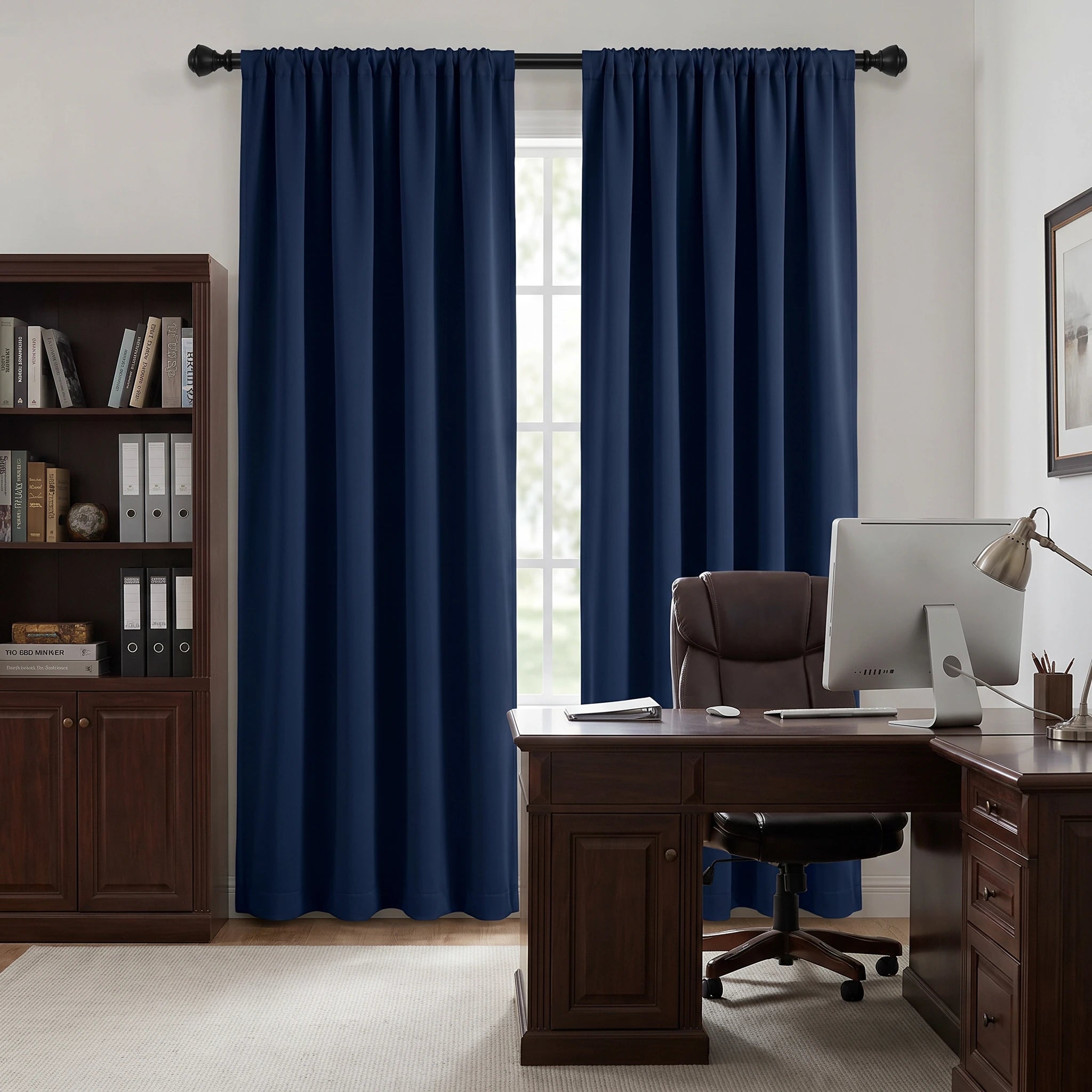Custom luxury silk-fiber blackout curtains in navy blue by DWCN Official, showcasing smooth fabric and elegant drape.
