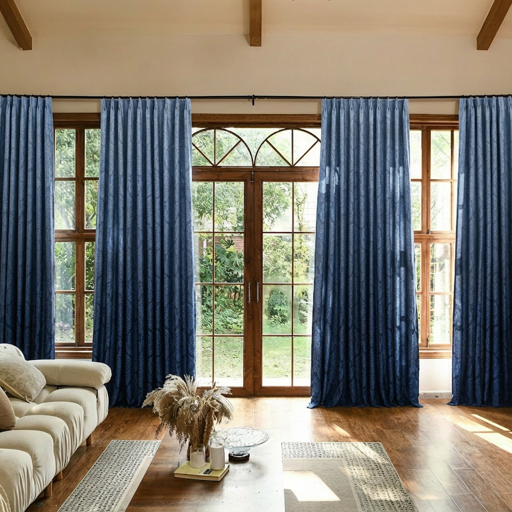 Navy blue custom luxury silk-fiber blackout curtains by DWCN Official with ombre black gradient and elegant drape.