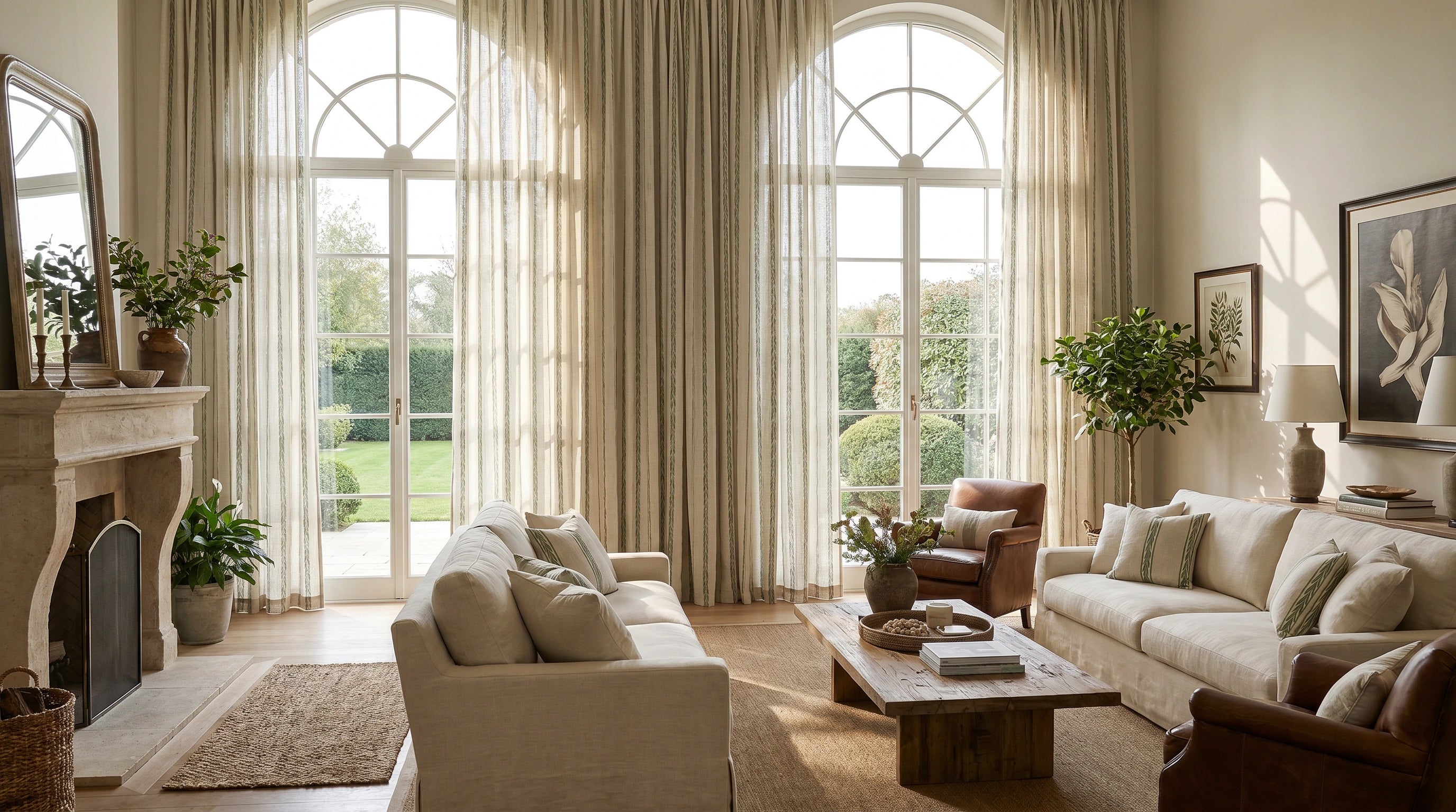 European embroidered sheer curtains for living room arched windows, with floral texture, soft daylight, and elegant privacy coverage.