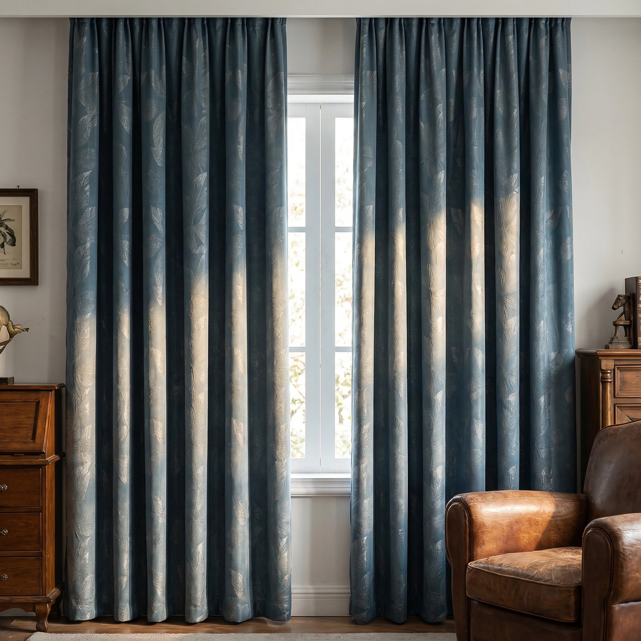 Ocean blue DWCN Official cotton curtain with clementine embroidered pattern, showcasing intricate embroidery and lightweight fabric.