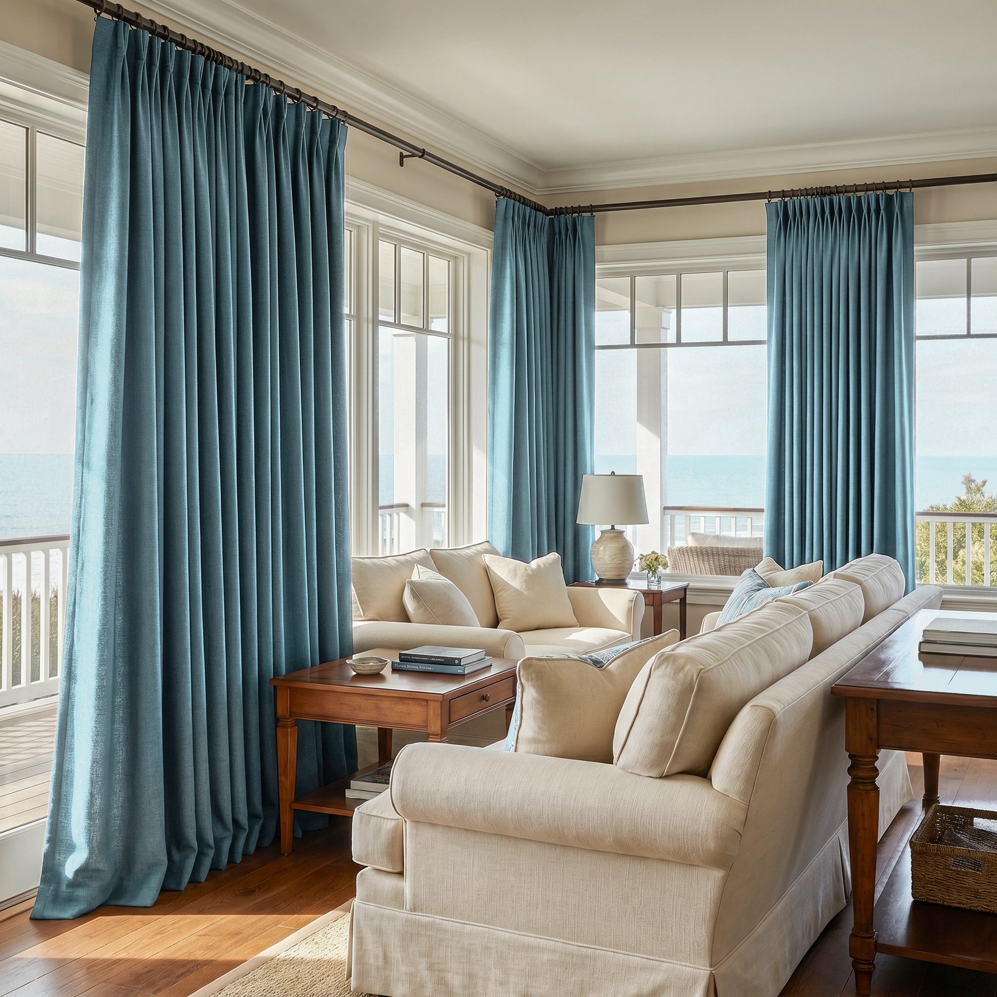 Custom DWCN Official modal heavyweight cotton blackout curtains in ocean blue hanging smoothly on a curtain rod.