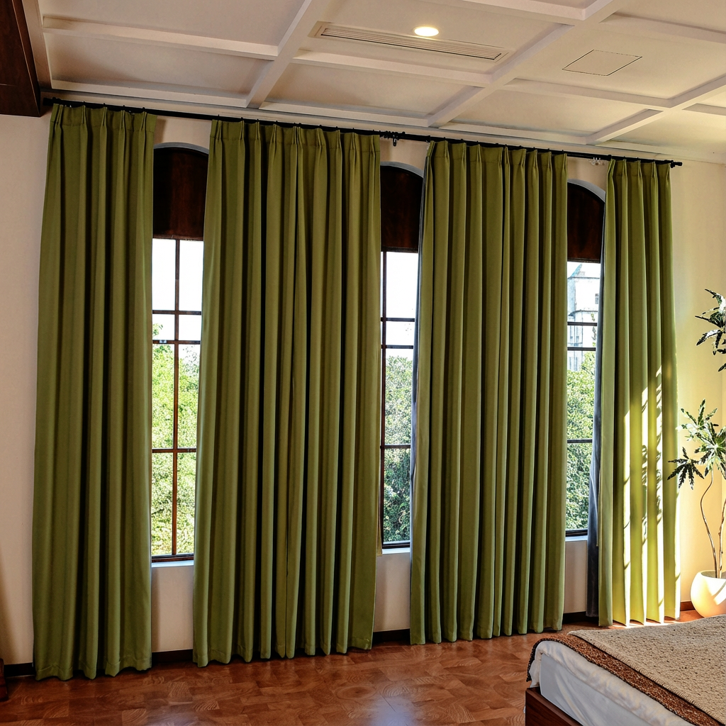 Olive green custom luxury silk-fiber blackout curtains from DWCN Official hanging in a stylish living room.
