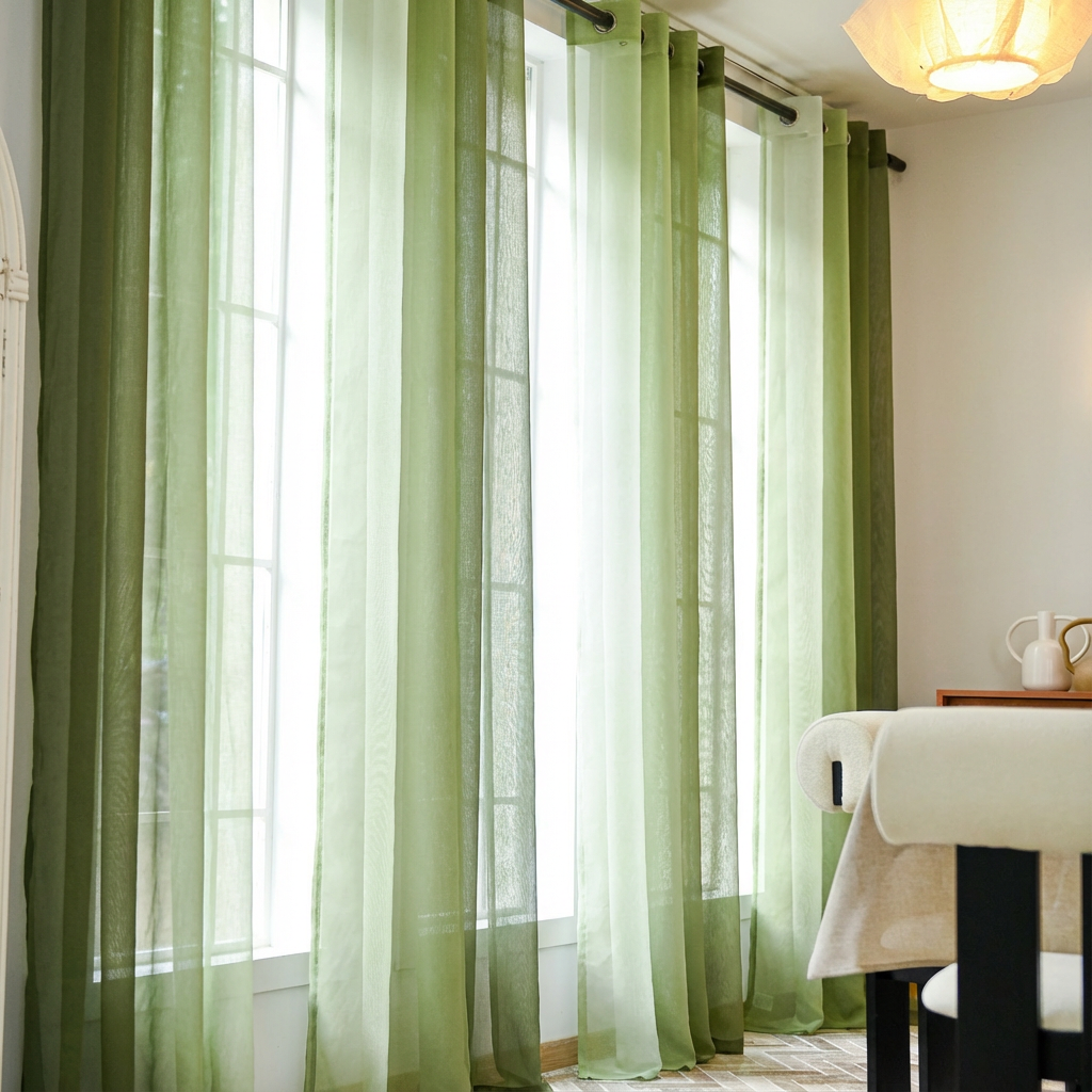 Olive green linen texture ombre sheer curtains by DWCN Official, showcasing lightweight, semi-transparent fabric with a subtle gradient.