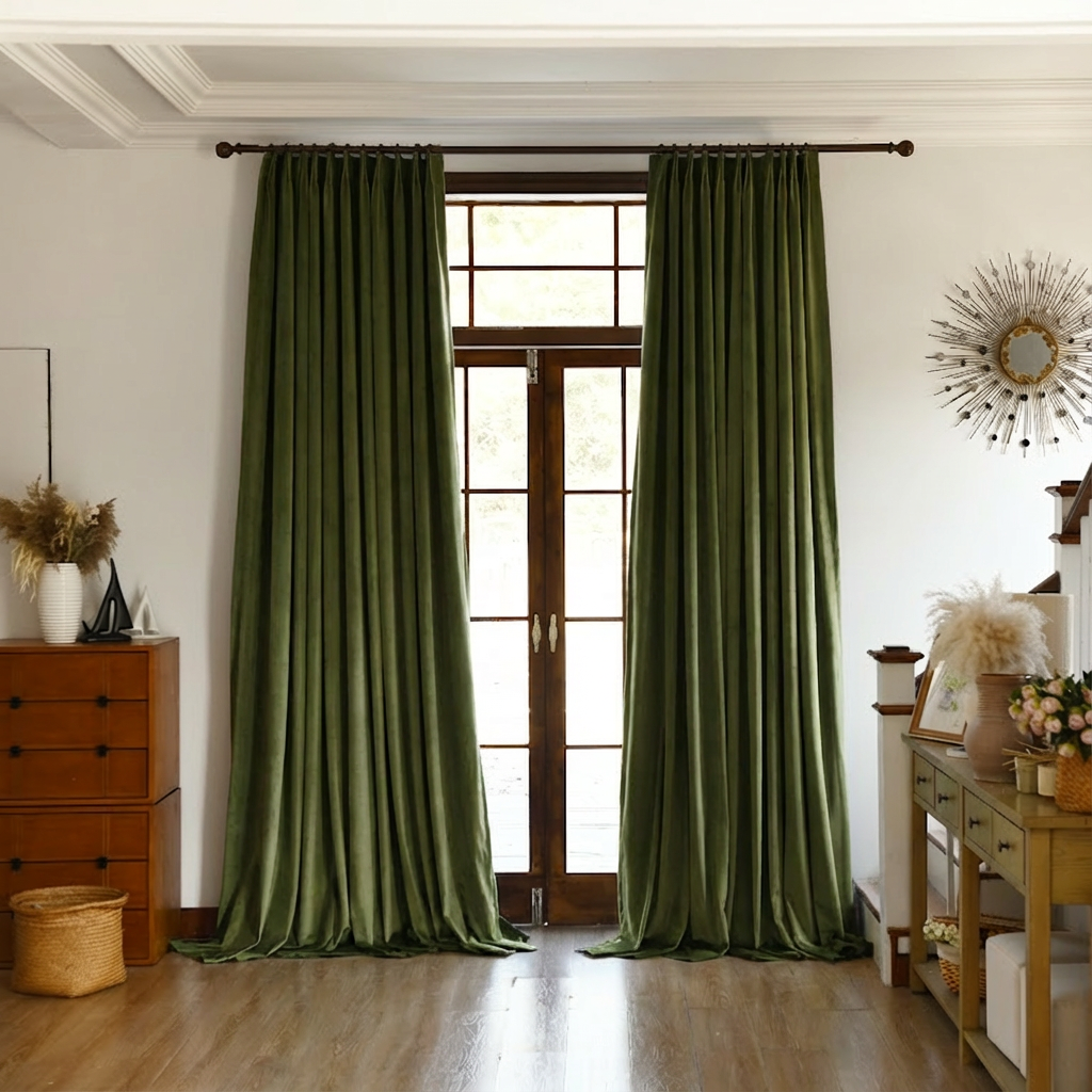 Olive green custom premium velvet blackout curtains by DWCN Official hanging on a window with a sleek design.