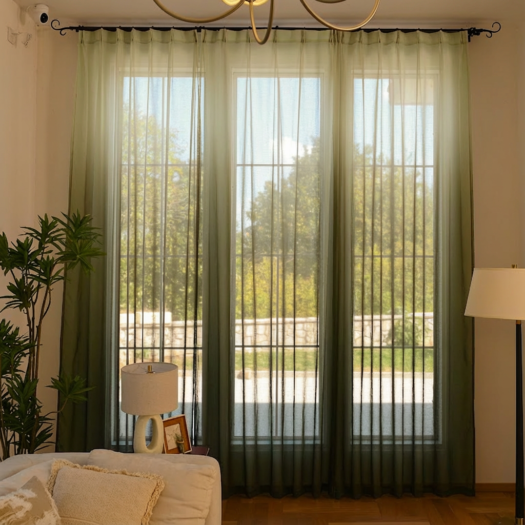 Olive green DWCN Official custom vertical linen texture sheer curtains with ombre design hanging in a window.
